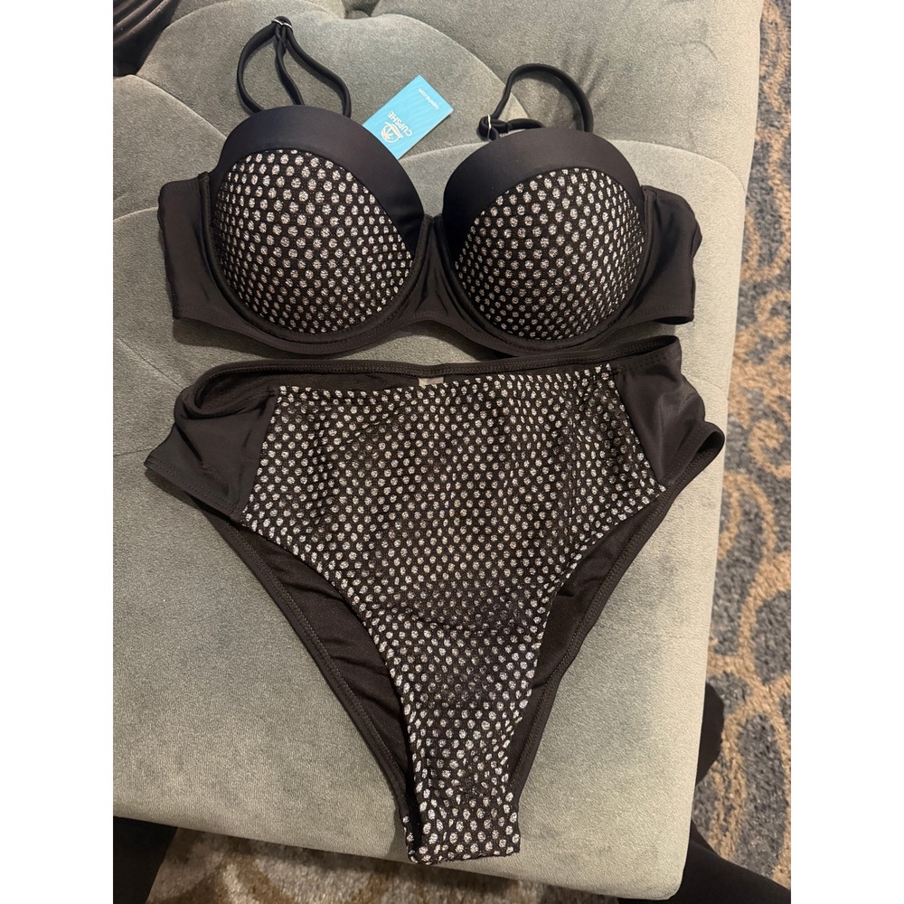 Cupshe Black Silver Metallic Polka Dot Bikini Set Underwire High Waist Medium